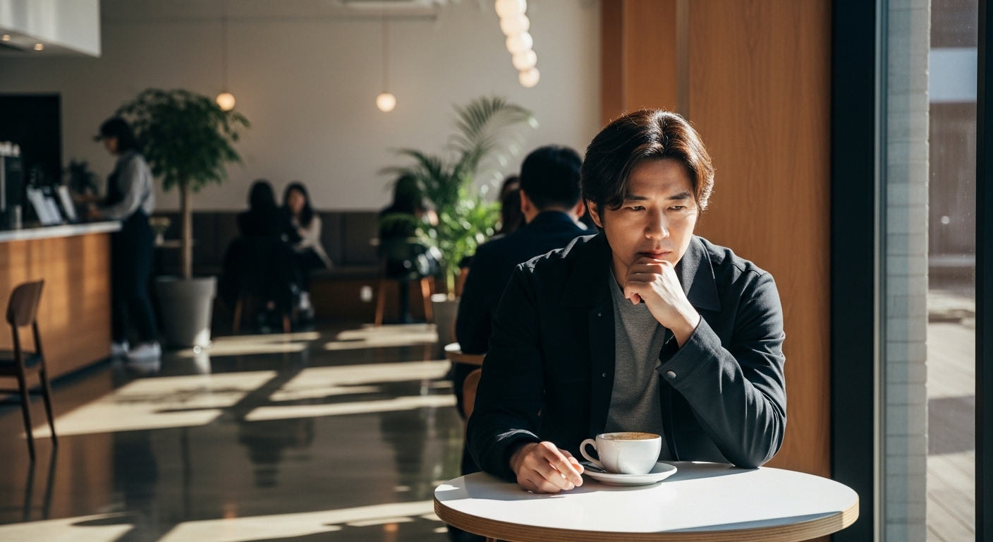 현대적인 카페에서 깊은 생각에 잠긴 한국 남성