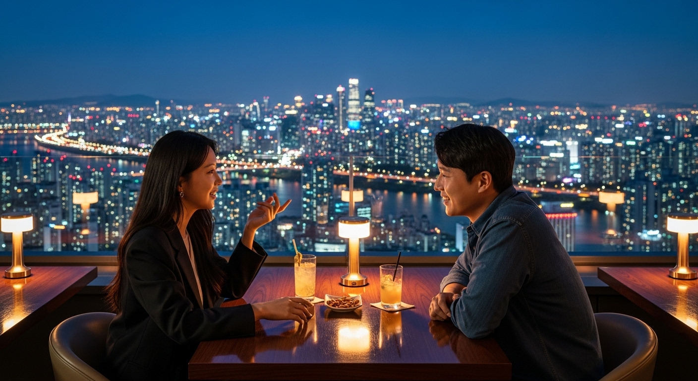 서울 스카이라인이 보이는 루프탑 바에서 대화를 나누는 두 명의 친구