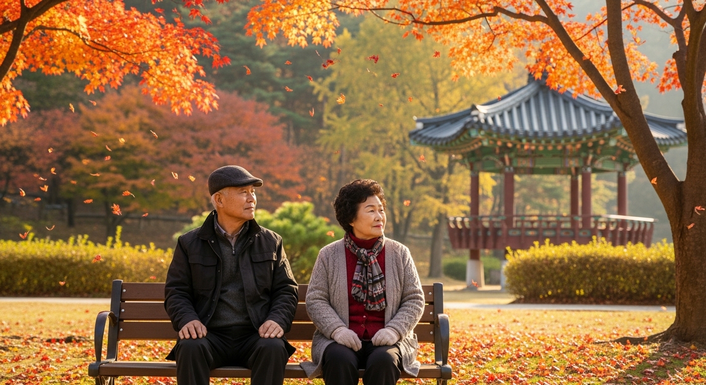 가을 공원 벤치에서 적당한 거리를 유지하며 조용한 시간을 보내는 커플