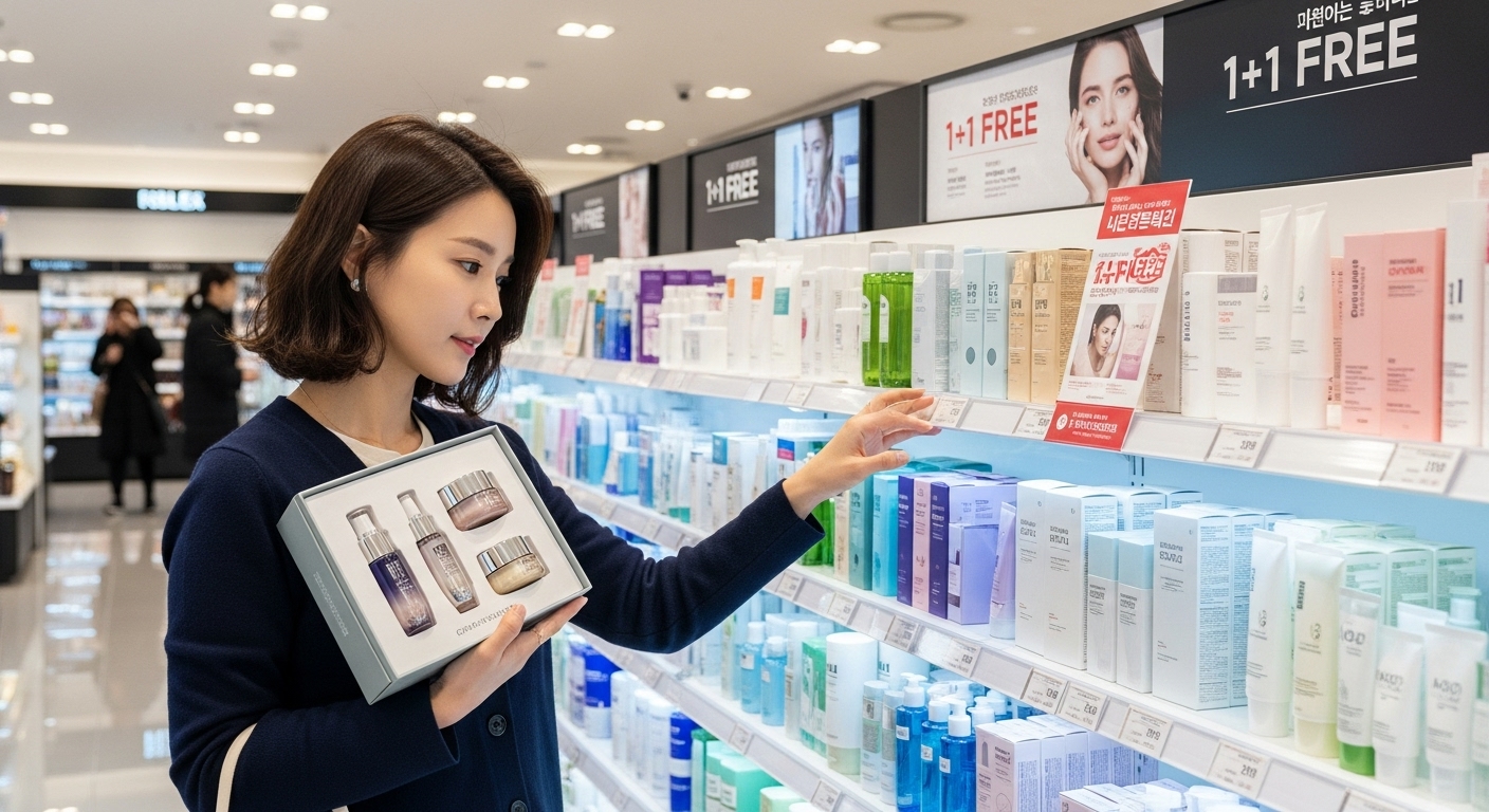 화사한 조명 아래서 스킨케어 제품을 고르는 여성의 모습