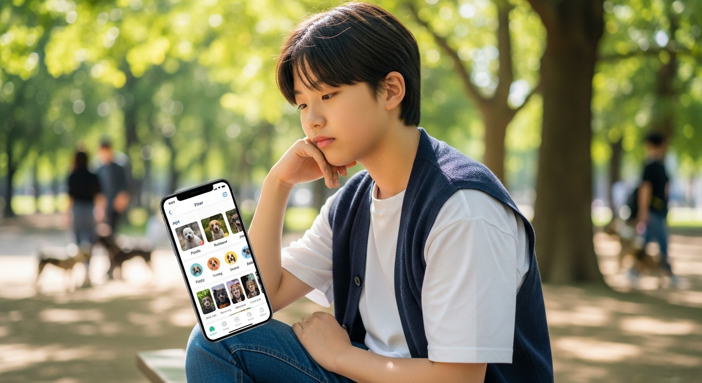 공원에서 나이와 품종 필터로 애플리케이션을 통해 개 입양 옵션을 탐색하는 한국 청소년