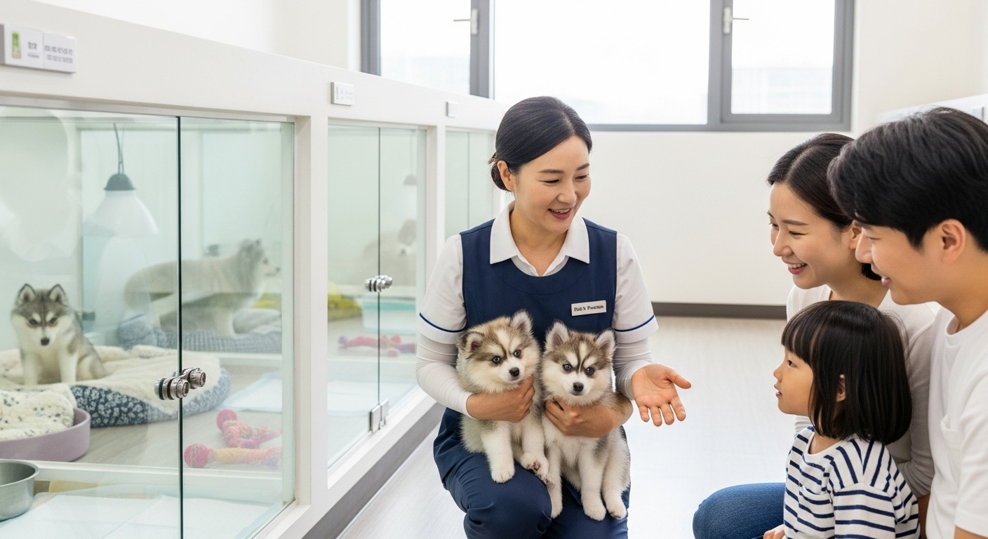 청결한 견사에서 폼스키 강아지를 보여주는 경험 많은 한국 브리더