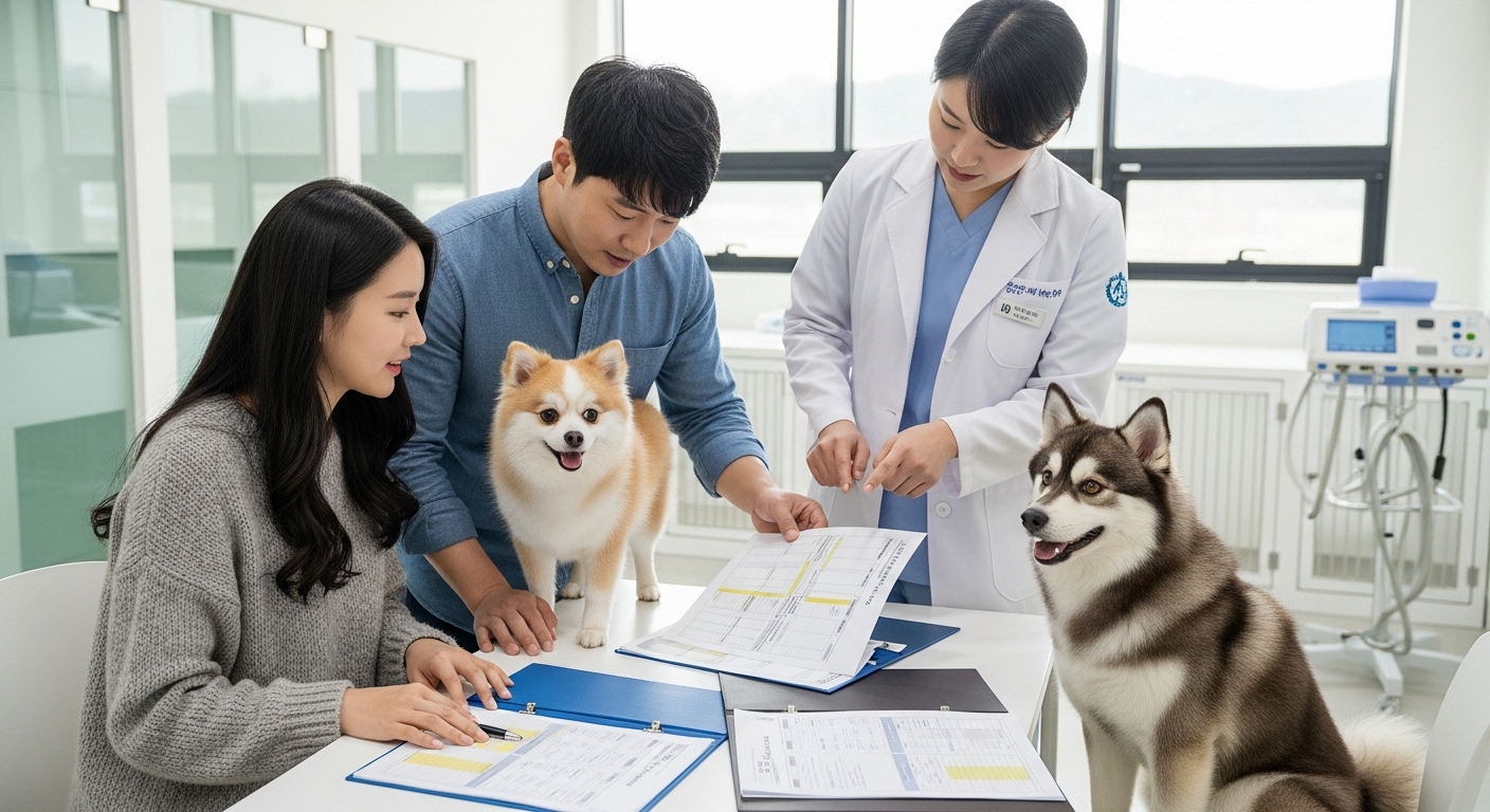 번식 시설에서 폼스키 부모견의 건강 기록을 확인하는 한국인 커플