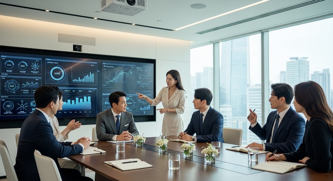 현대적 기업 회의실에서 전략 계획을 논의하는 한국 임원들