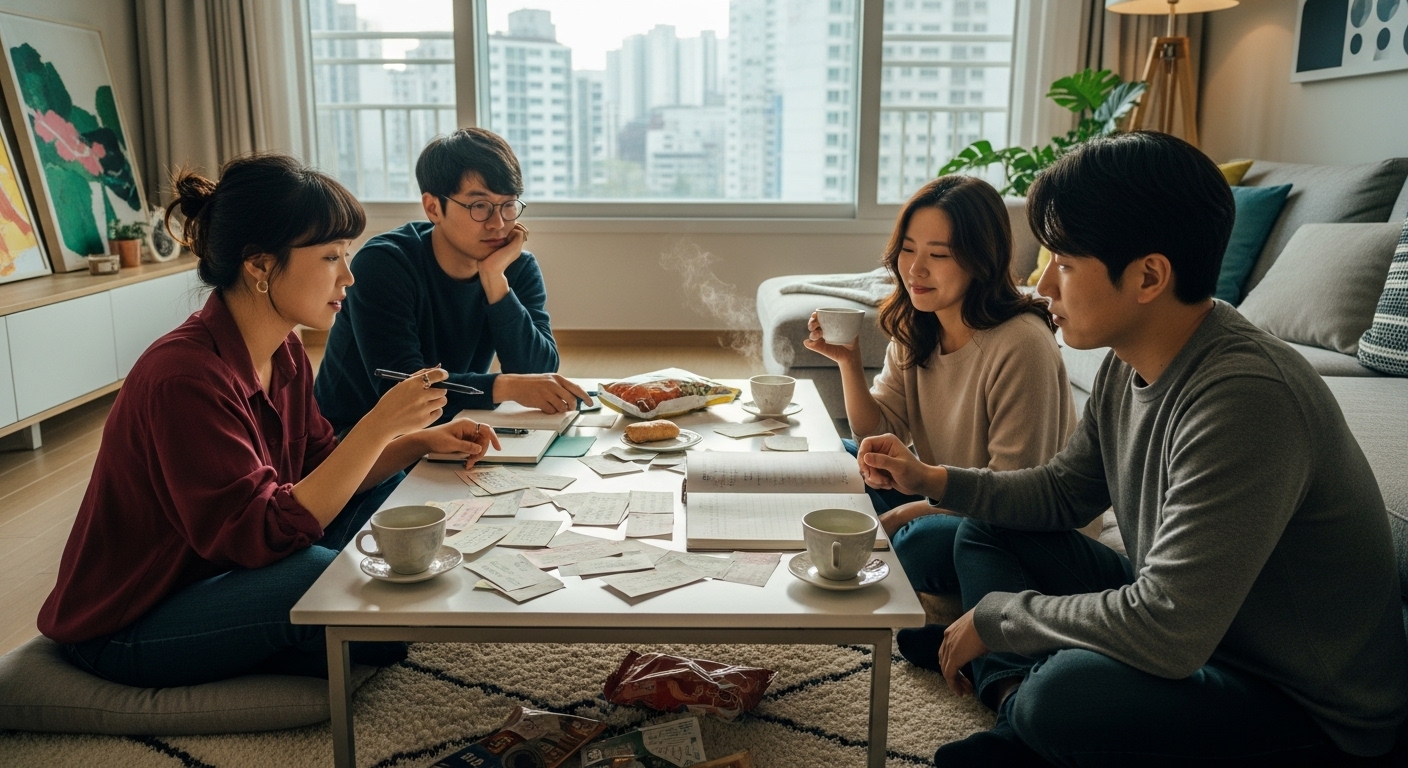 서울 아파트 거실에서 친구들이 모여 차를 마시며 복권 전략을 논의하는 모습