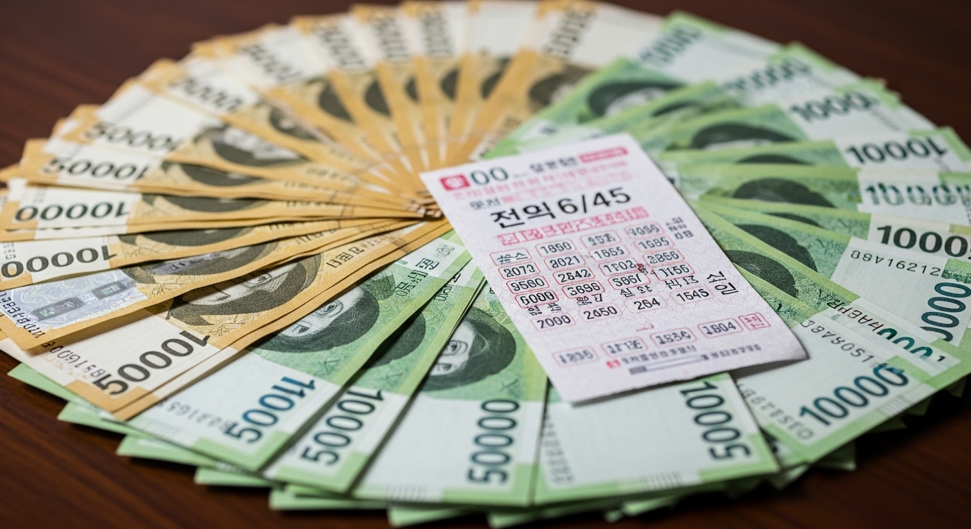 테이블 위에 펼쳐진 한국 원화 지폐와 가운데 놓인 복권 티켓
