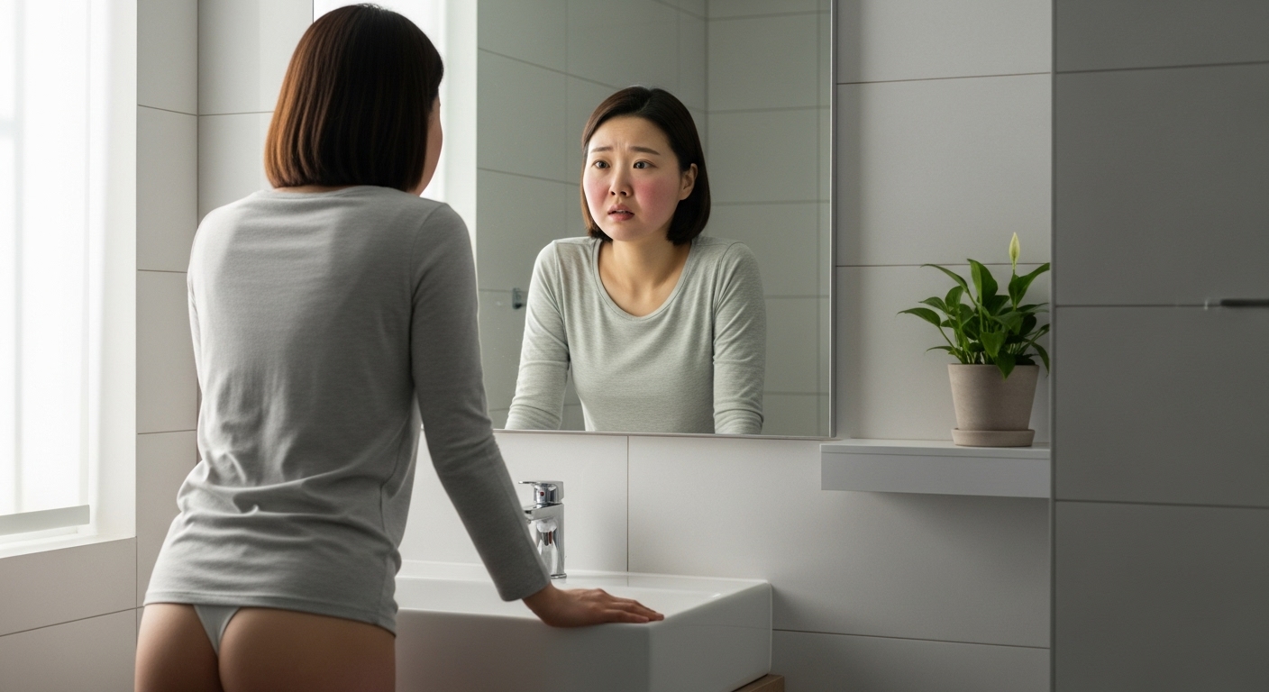 아침에 얼굴이 붓고 다리가 무거운 여성의 모습