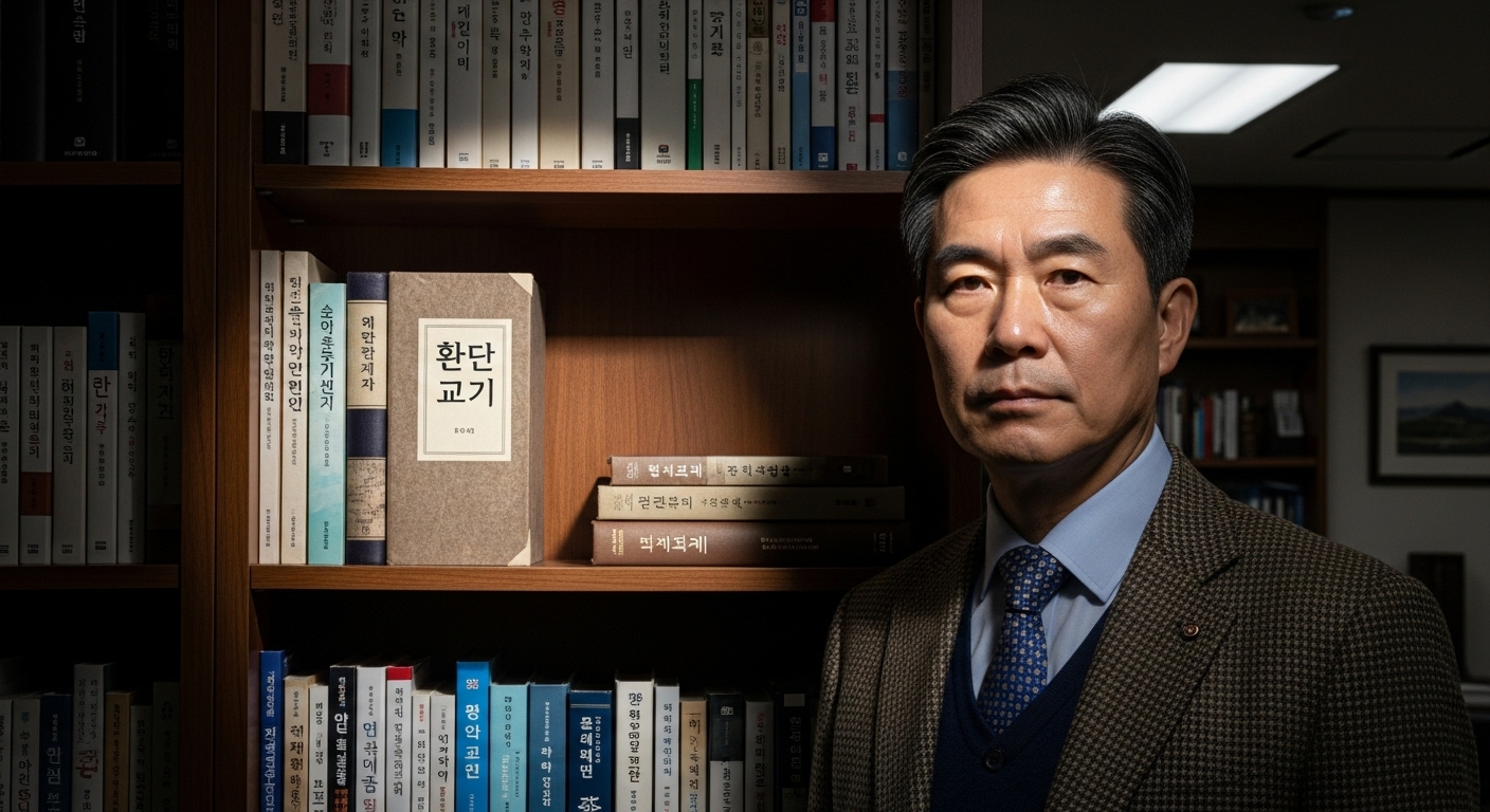 한국 역사 교수와 역사책으로 가득 찬 책장 앞에서 진지한 표정의 모습