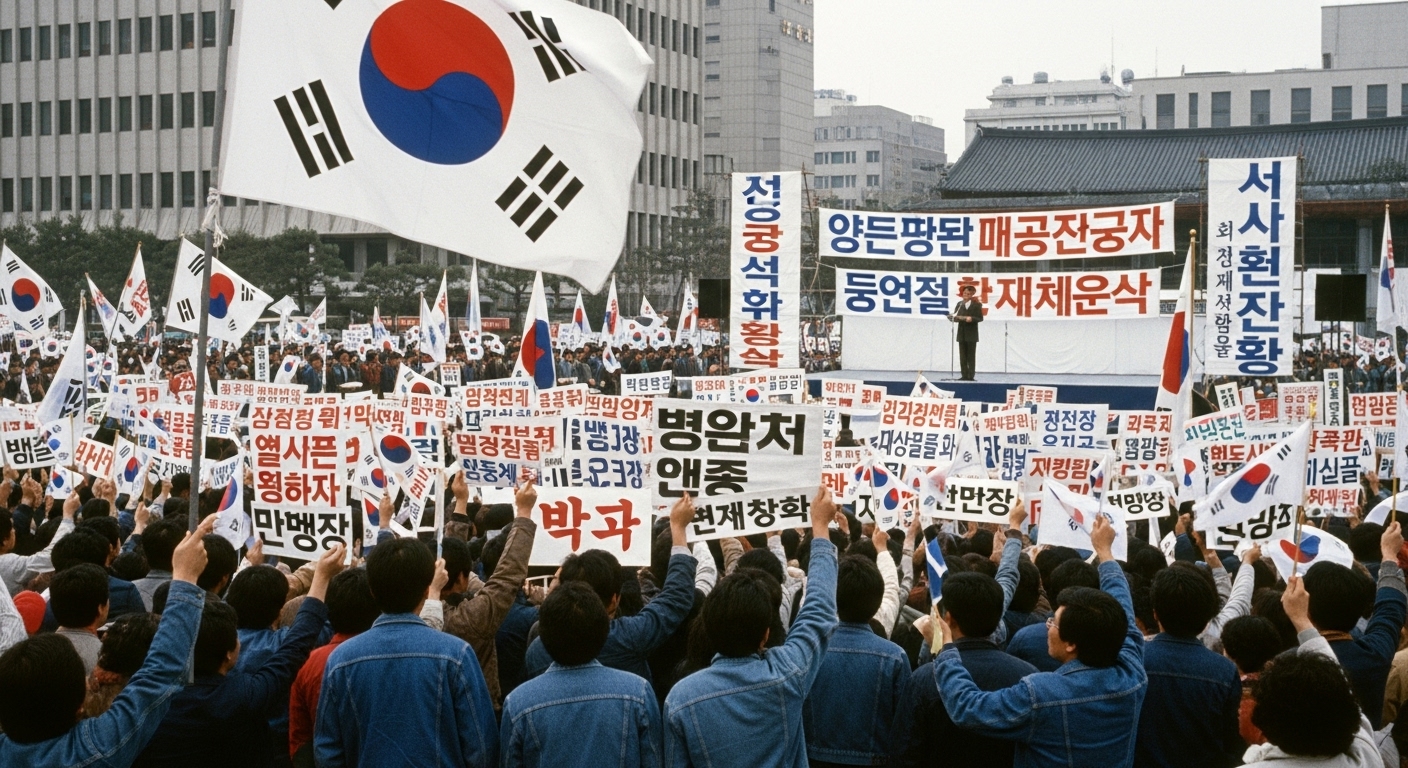 1980년대 한국의 정치 집회에서 국기를 흔들며 민족 자부심과 단결을 외치는 사람들