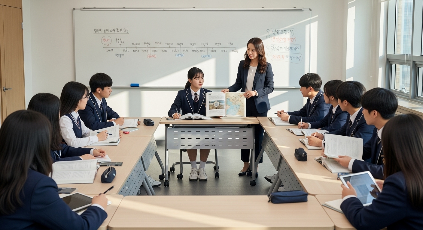 교실에서 역사 정확성과 민족주의에 대해 토론하는 학생들과 이를 지도하는 교사의 모습