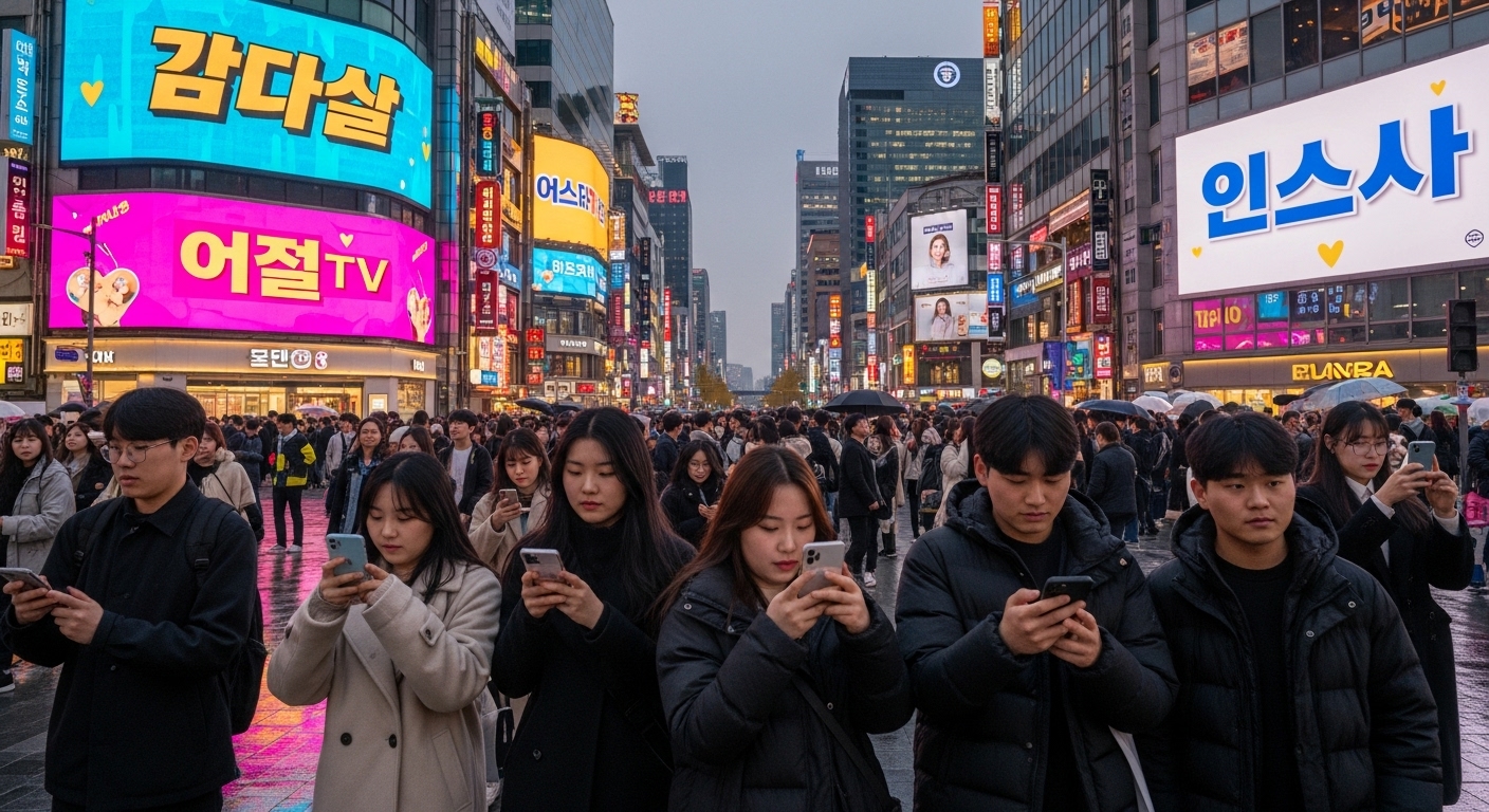 디지털 광고판에 '감다살' 같은 트렌디한 속어가 표시된 서울 거리를 배경으로 스마트폰을 사용하는 젊은이들