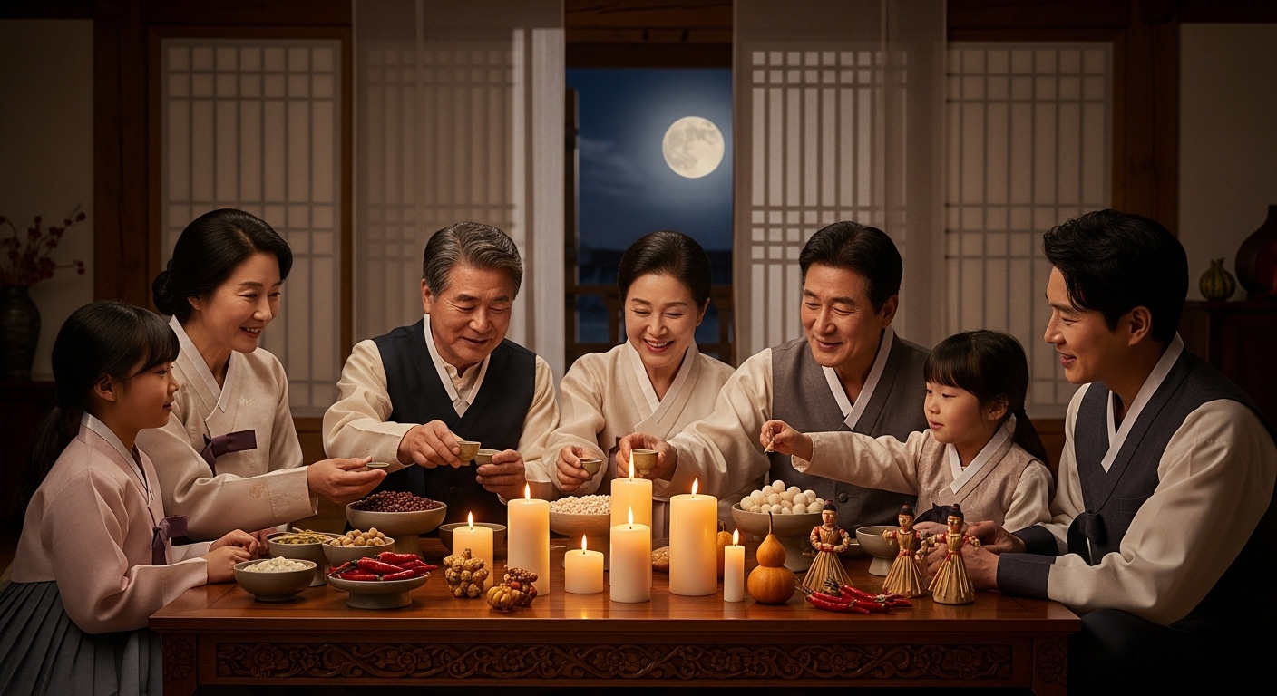 동지를 맞아 가족들이 모여 촛불을 켜놓고 상징적인 장식과 함께하는 모습