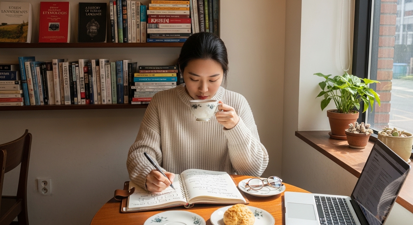카페에서 차를 마시며 섣달의 어원을 일기에 적고 있는 젊은 여성