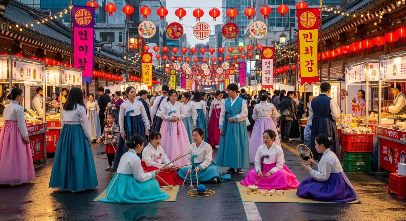 서울 거리에서 설날 축제를 즐기는 사람들과 전통 놀이 및 음식 부스가 있는 활기찬 장면