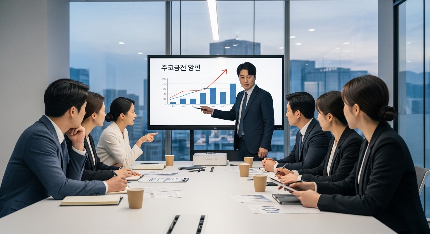 사무실에서 사람들이 2027년의 도전과 기회에 대해 토론하는 장면