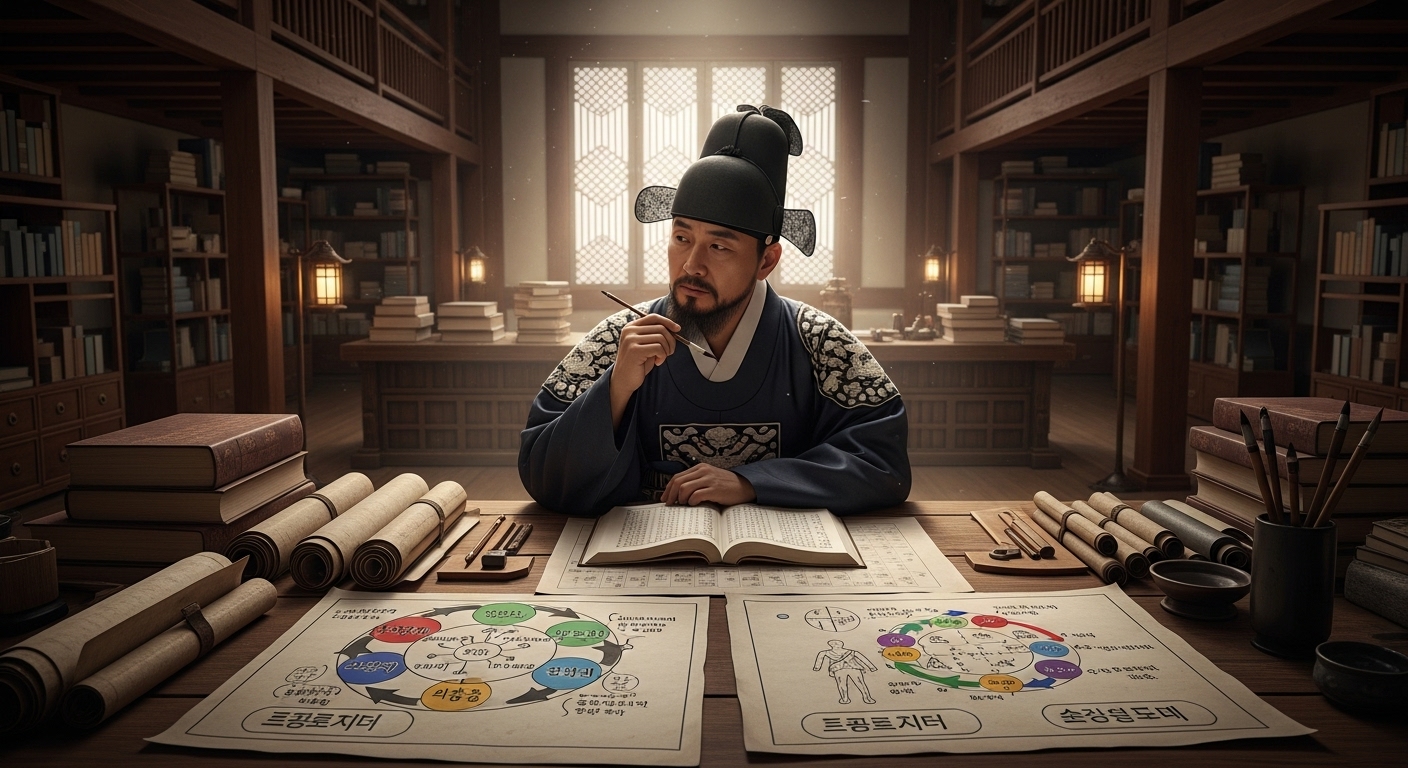 도서관에서 삼재의 개념을 연구하는 한국 학자의 모습