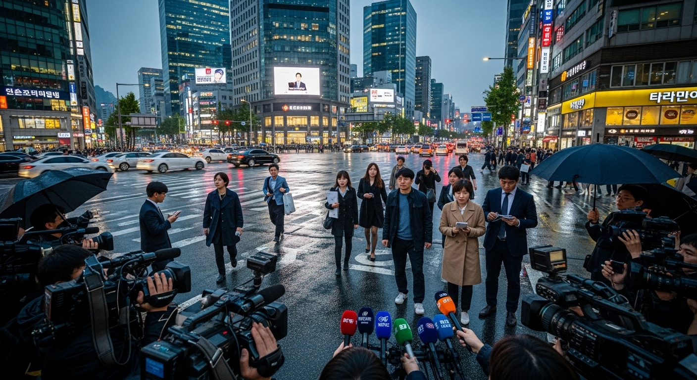 서울 시내에서 기자들이 바쁘게 움직이며 공공의 관심을 끌고 있는 모습