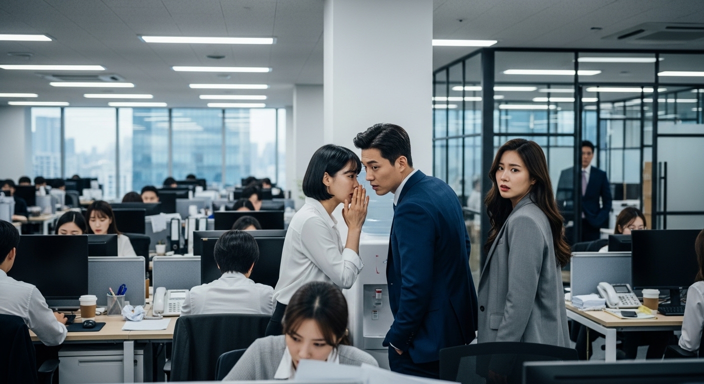 한국의 직장 환경에서 동료들이 긴장된 분위기 속에 갑작스러운 사직에 대해 소곤거리는 모습