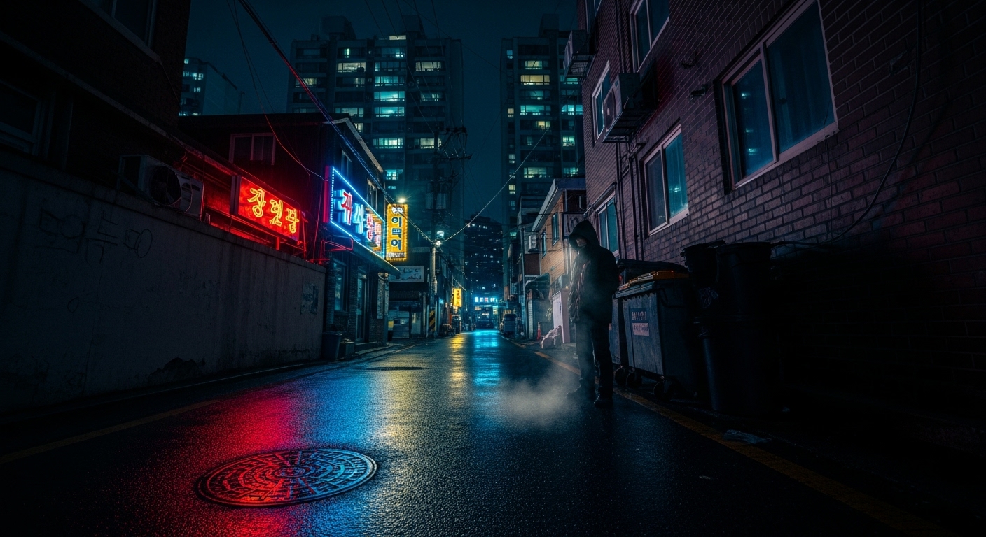 서울 밤거리의 어두운 골목길에서 아파트 근처를 서성이는 신비로운 인물