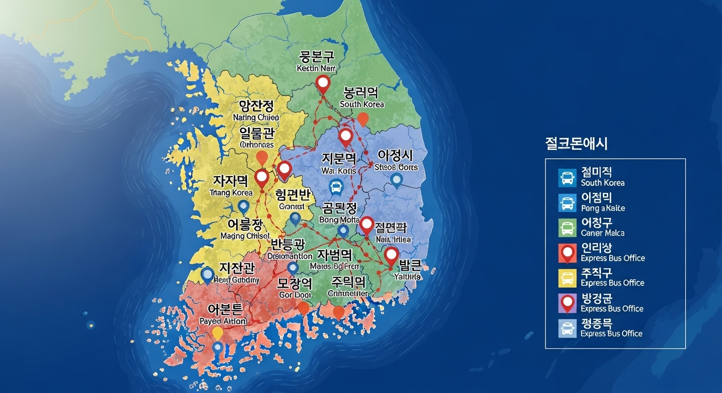 주요 도시와 고속버스 서비스 사무소가 표시된 한국 지도