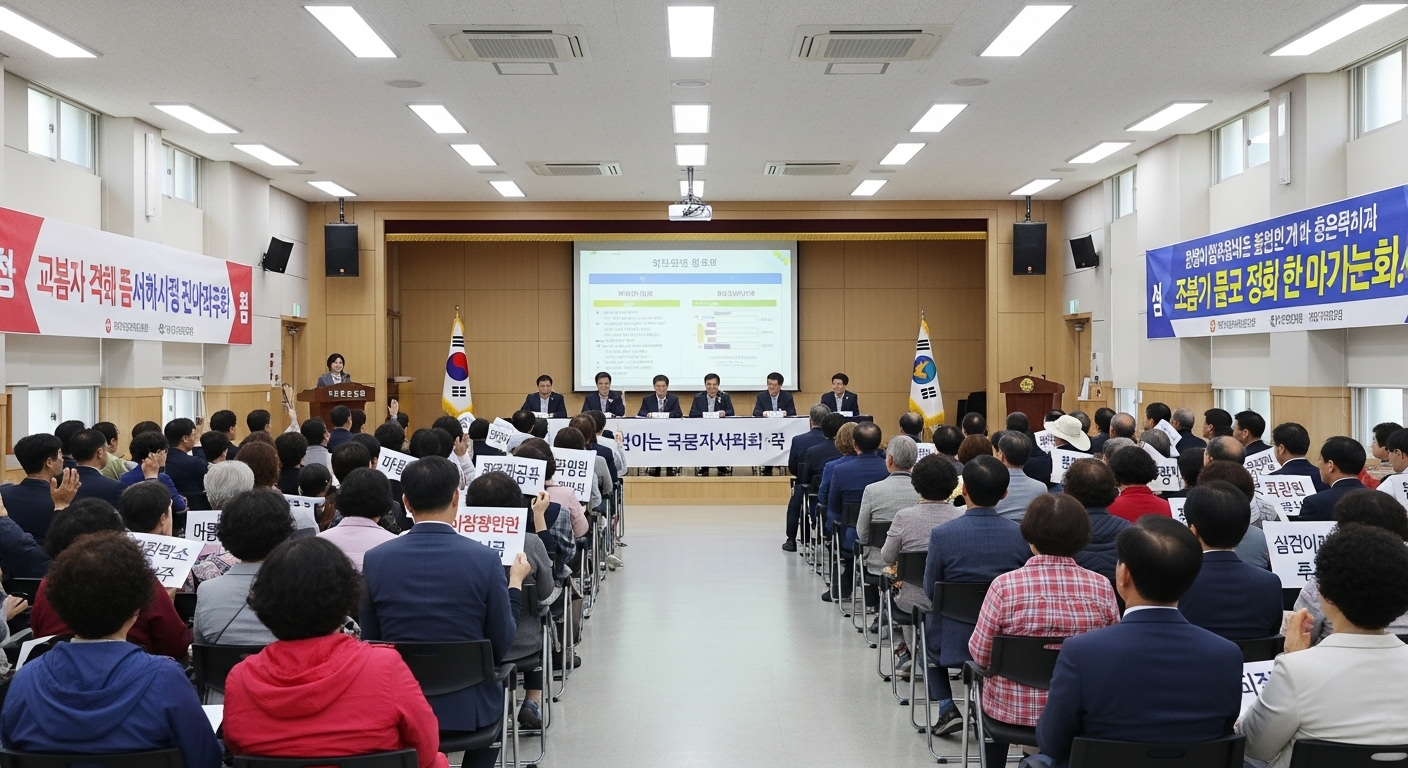 커뮤니티 홀에서 열린 재개발 관련 공청회에 참석한 주민들