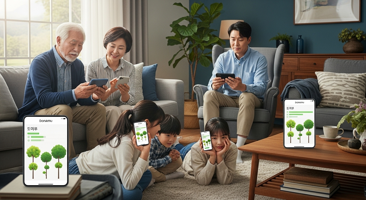 다양한 연령대의 가족이 거실에서 스마트폰으로 '돈나무 키우기' 앱을 즐기는 모습