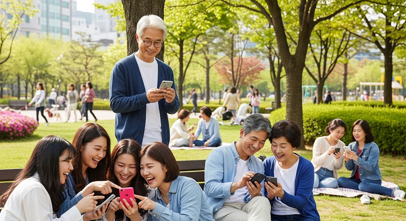 공원에서 다양한 연령대가 스마트폰으로 '돈나무 키우기' 앱을 즐기는 장면