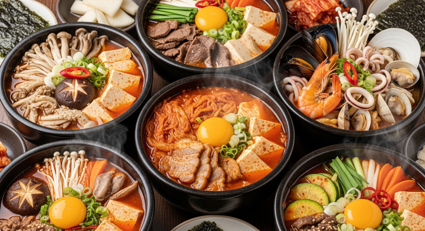 김치와 해산물 버전의 다양한 순두부찌개가 담긴 그릇들