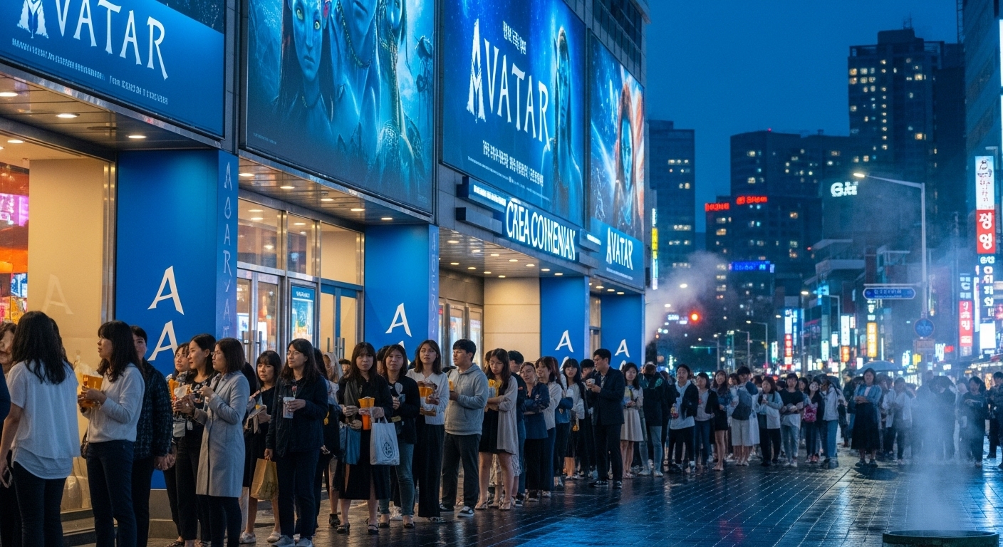 서울의 현대식 극장 앞에서 줄을 서 있는 관객들과 아바타 대형 홍보 배너