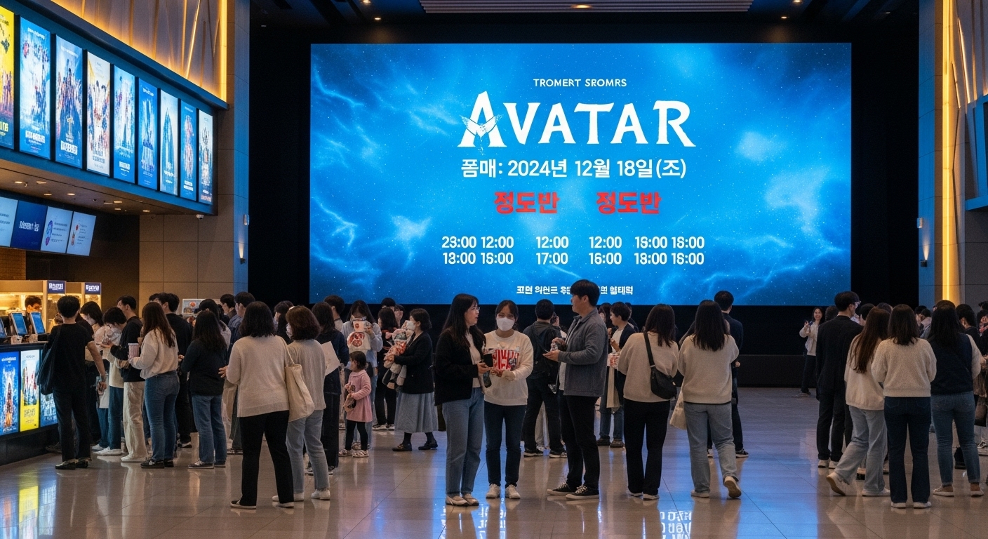 아바타 개봉일과 매진 사인이 디지털 스크린에 표시된 복잡한 영화관 로비