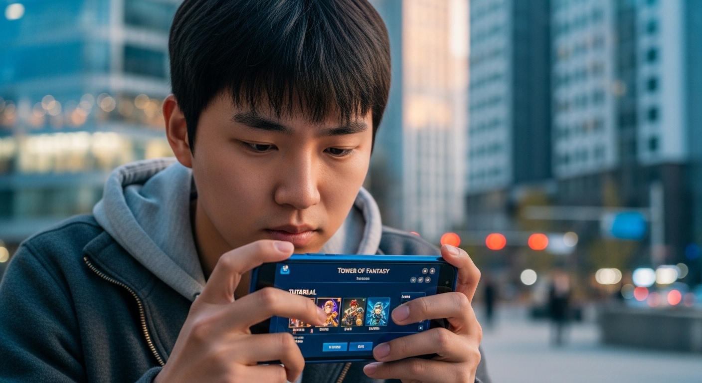 젊은 게이머가 스마트폰으로 게임 튜토리얼을 완료하는 장면