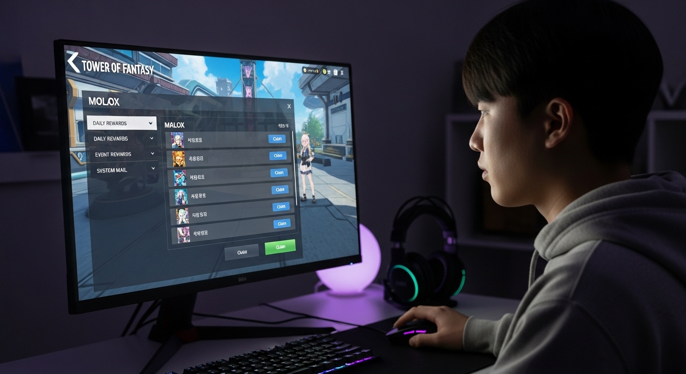 PC 화면에서 타오판의 우편함에서 보상을 확인하는 젊은이의 모습
