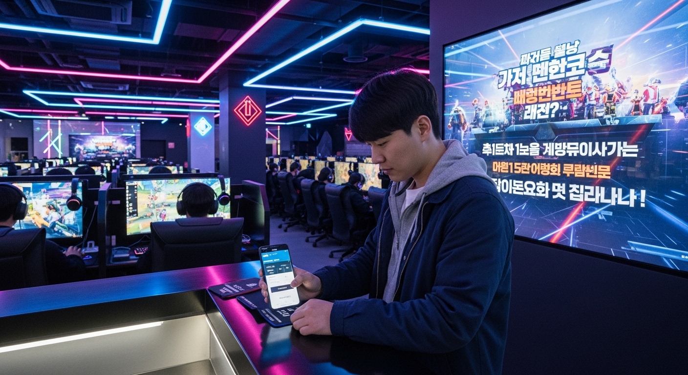 현대적인 한국 피시방에서 젊은 남성이 스마트폰 앱으로 회원가입하는 모습