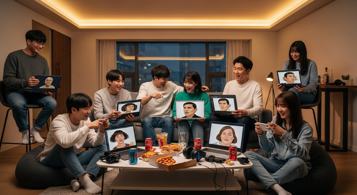한국의 젊은 게이머들이 편안한 공간에서 노트북과 스마트폰으로 밈을 이야기하는 모습