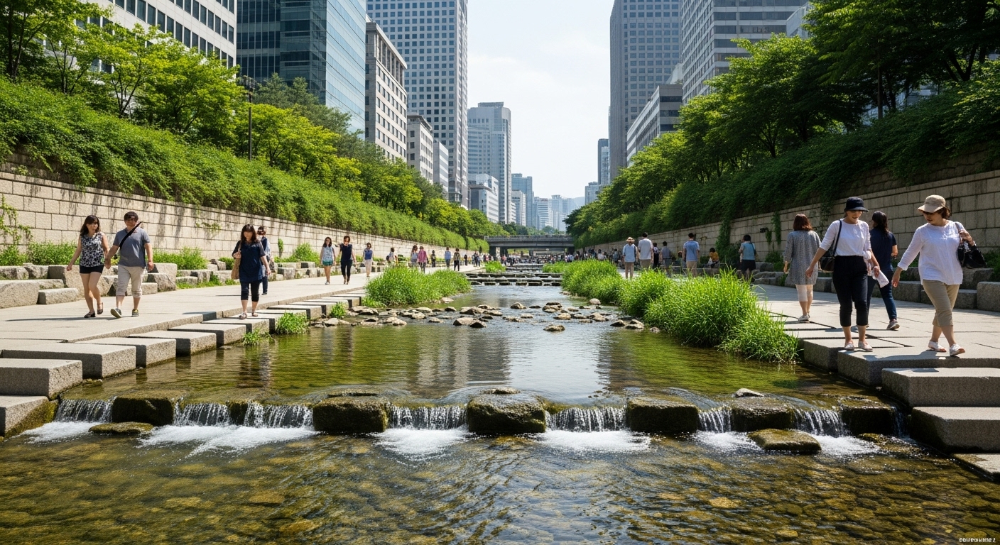 서울 도심의 얕은 물살이 흐르는 청계천과 그 옆을 걷는 사람들