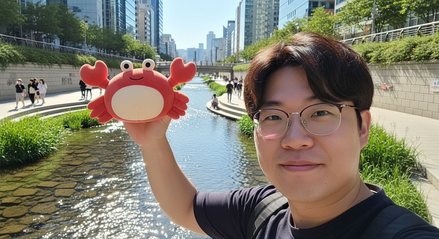 청계천에서 게 인형과 함께 셀카를 찍는 한국인 게임 개발자