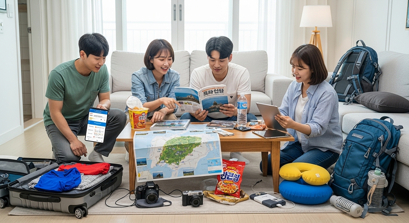 대마도로 여행 가기 전 준비물을 챙기는 한국 여행객들