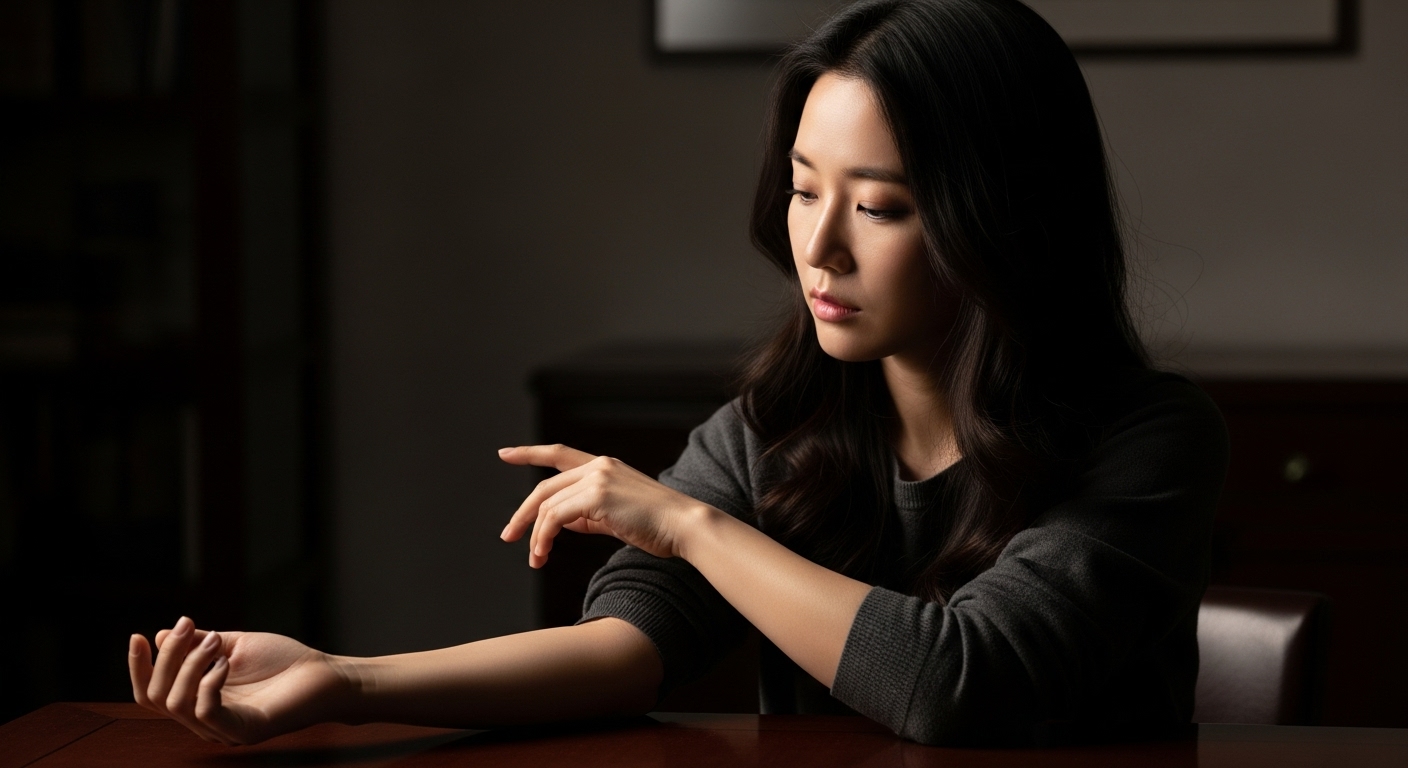 어두운 방에서 자신의 팔을 만지며 감정을 읽는 듯한 여성