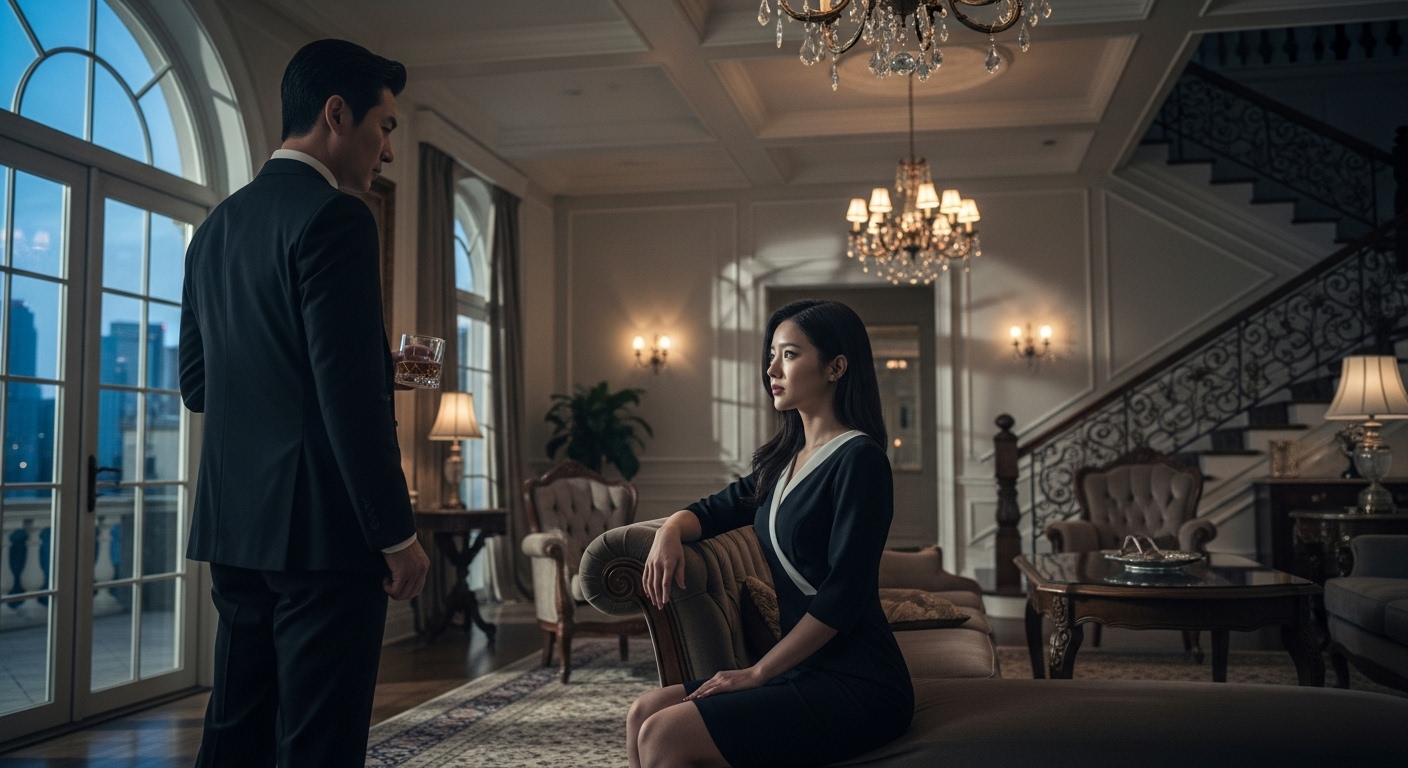 화려한 저택에서 긴장감 속에 있는 사업가와 신비로운 젊은 여성