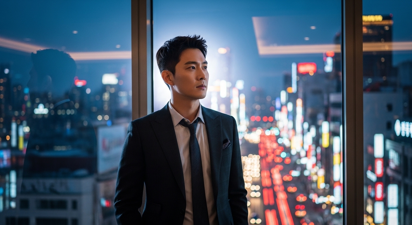 화려한 도시 배경 속에서 기대감 넘치는 배우의 모습