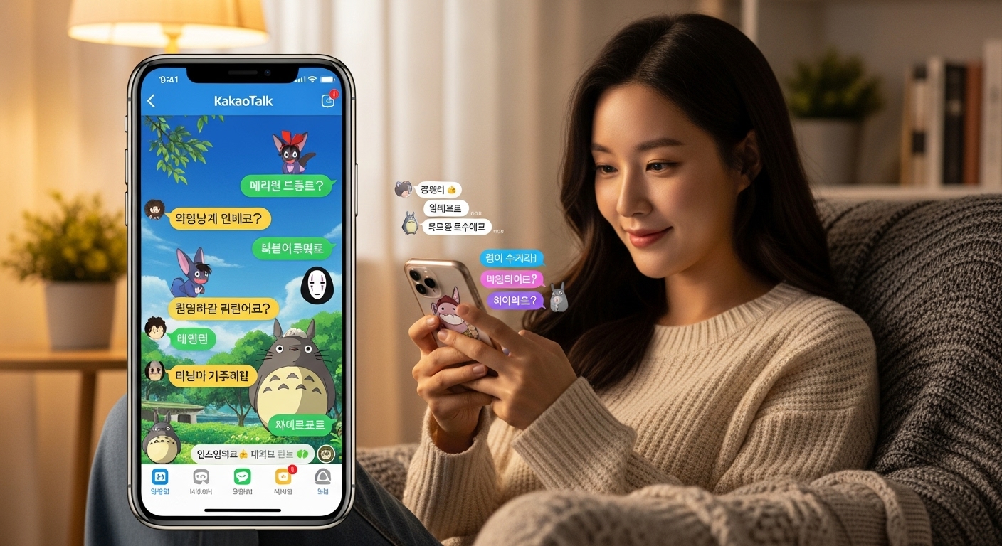 아이폰에서 지브리 테마의 카카오톡을 사용하는 모습