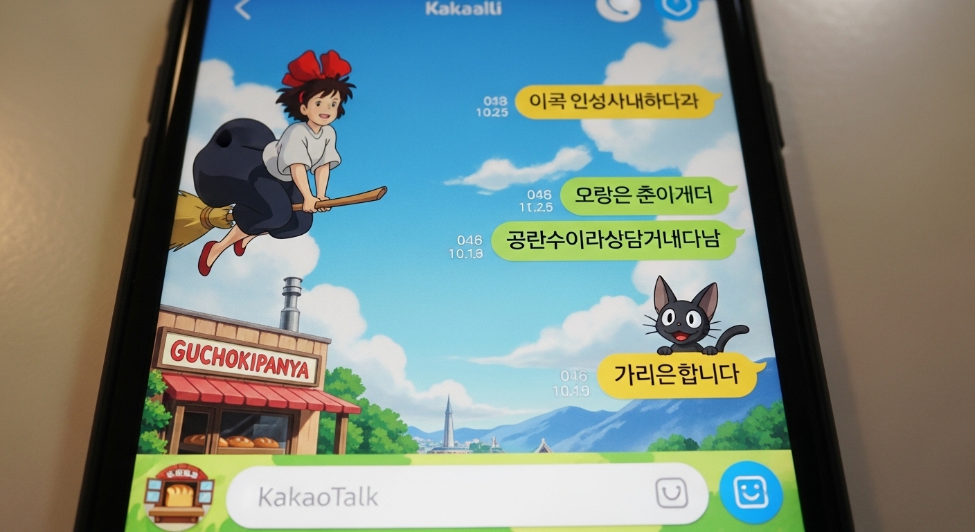 스마트폰에서 '마녀배달부 키키' 테마가 적용된 카카오톡 화면