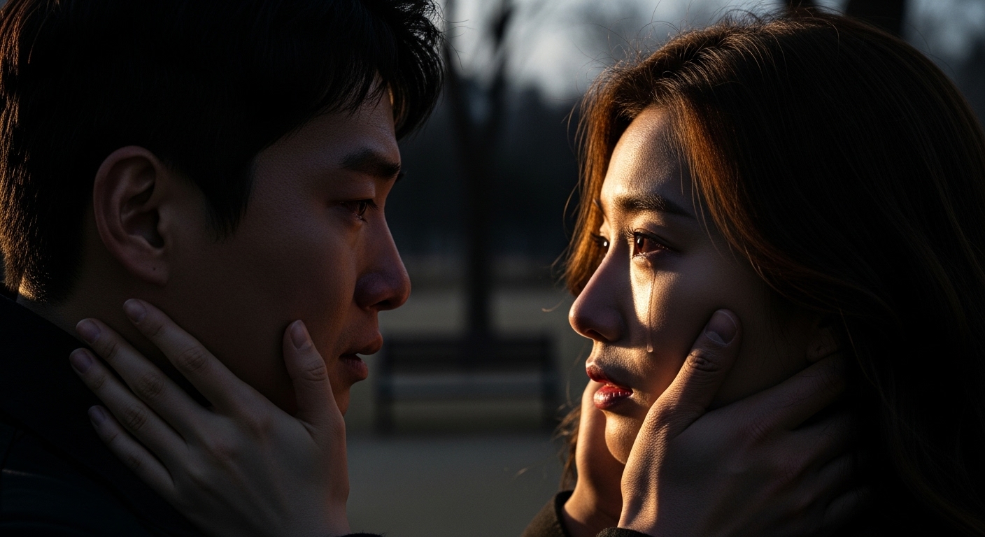 주변이 어두워지며 감정적인 순간을 나누는 공원 속 한국인 커플