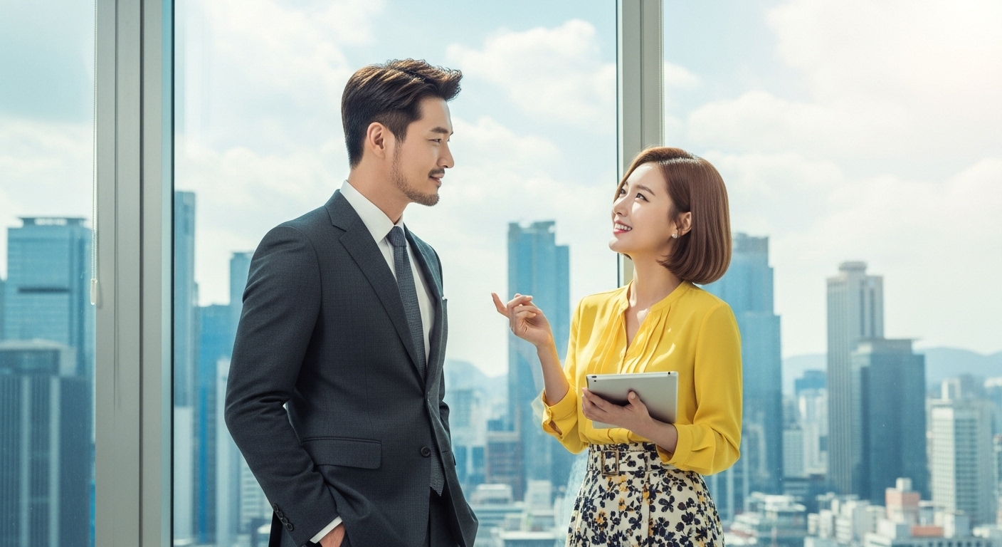 바쁜 도시 속에서 세련된 정장을 입은 CEO와 활기찬 비서가 함께 서 있는 모습