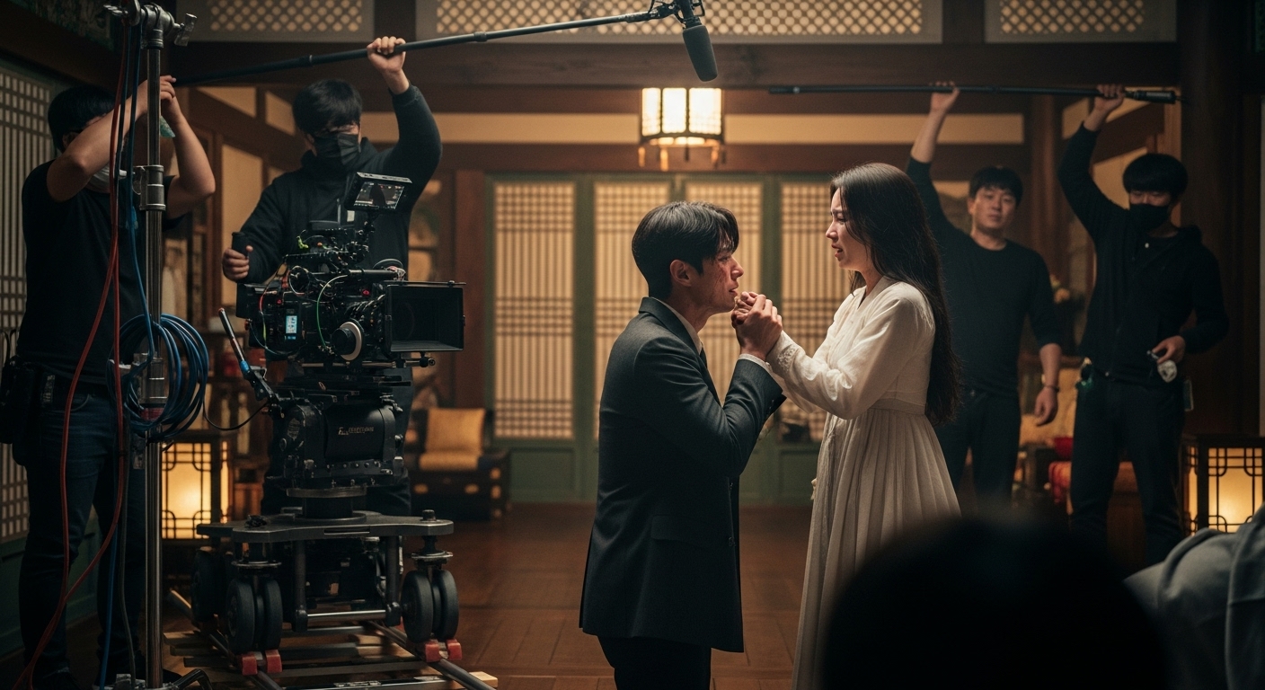 드라마 '경도를 기다리며'의 촬영 현장에서 재회를 연기하는 배우들