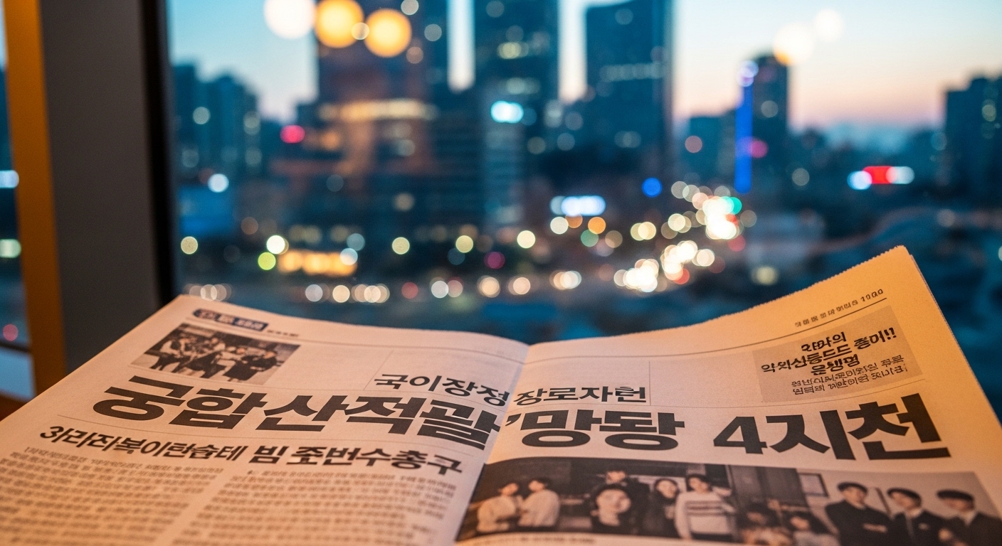 드라마 시청률 상승 기사를 다룬 한국 신문 클로즈업과 창밖 도시 풍경