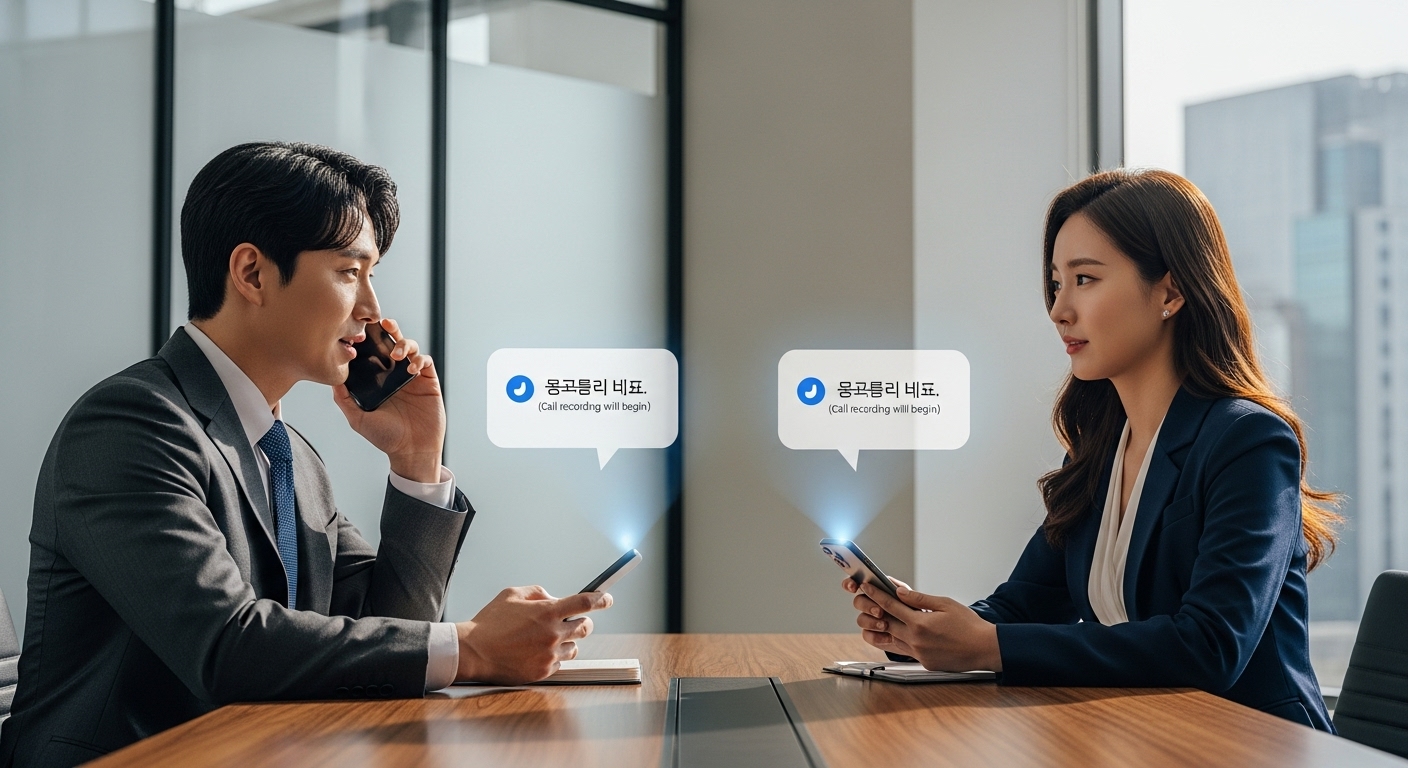 두 명의 한국 비즈니스맨이 전화 통화를 하며 녹음 안내 멘트가 송출되는 장면