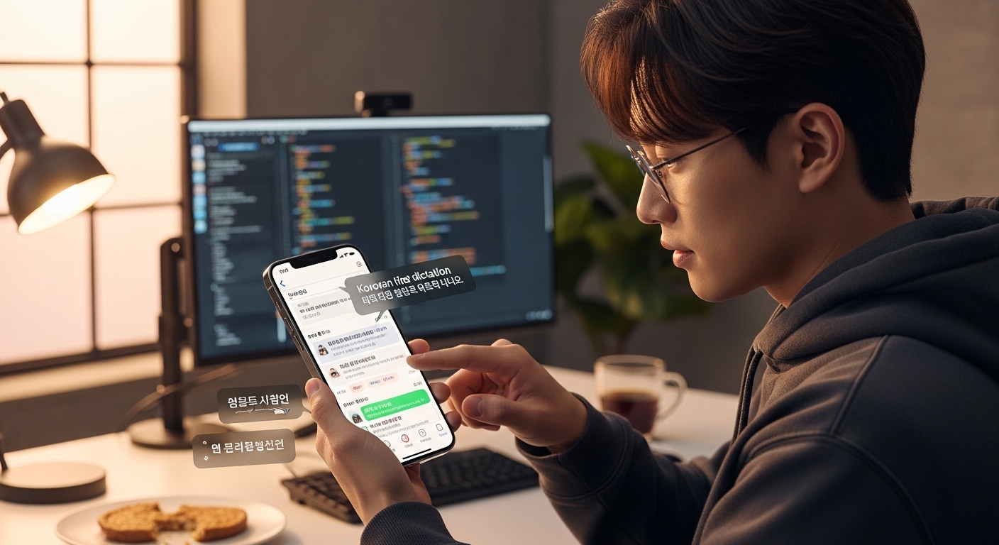 현대적인 환경에서 최신 iOS 업데이트를 테스트하며 한국어 지원 기능을 확인하는 기술 애호가