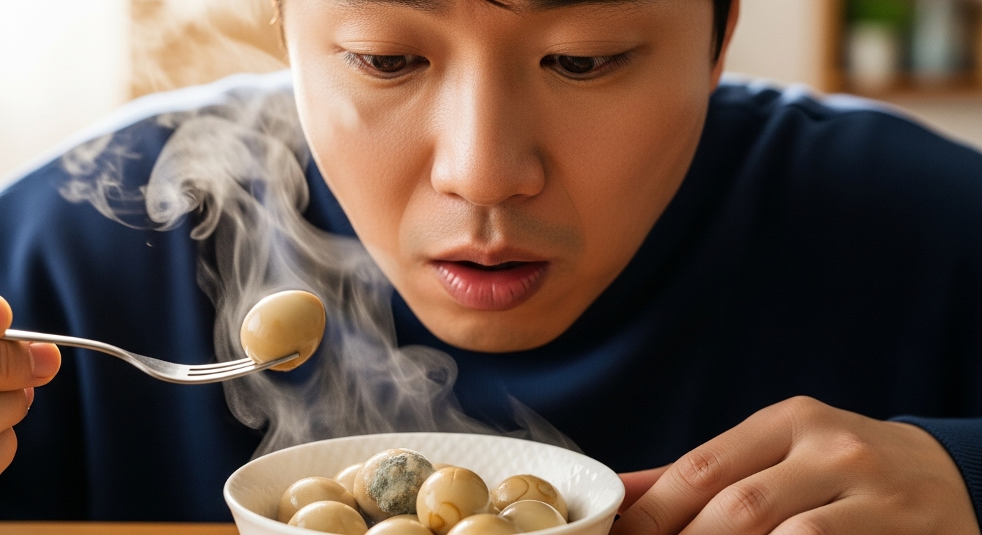 젊은 남성이 맛이 변한 메추리알 장조림을 맛보고 놀란 표정을 짓는 장면