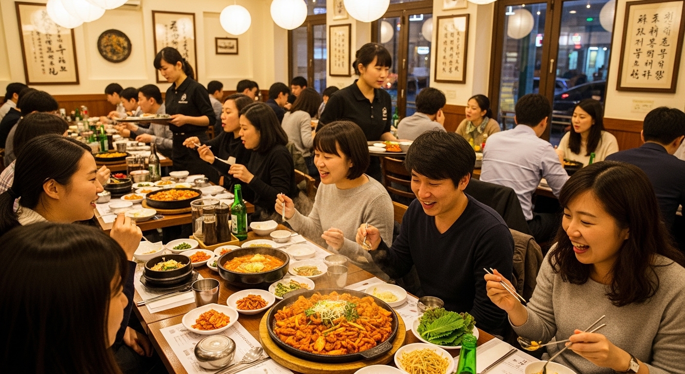 활기찬 분위기의 식당에서 손님들이 제육볶음을 즐기는 모습